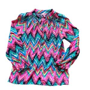 Lilly Pulitzer‎ Silk Zigzag Print Smocked Neck Tunic Top XS